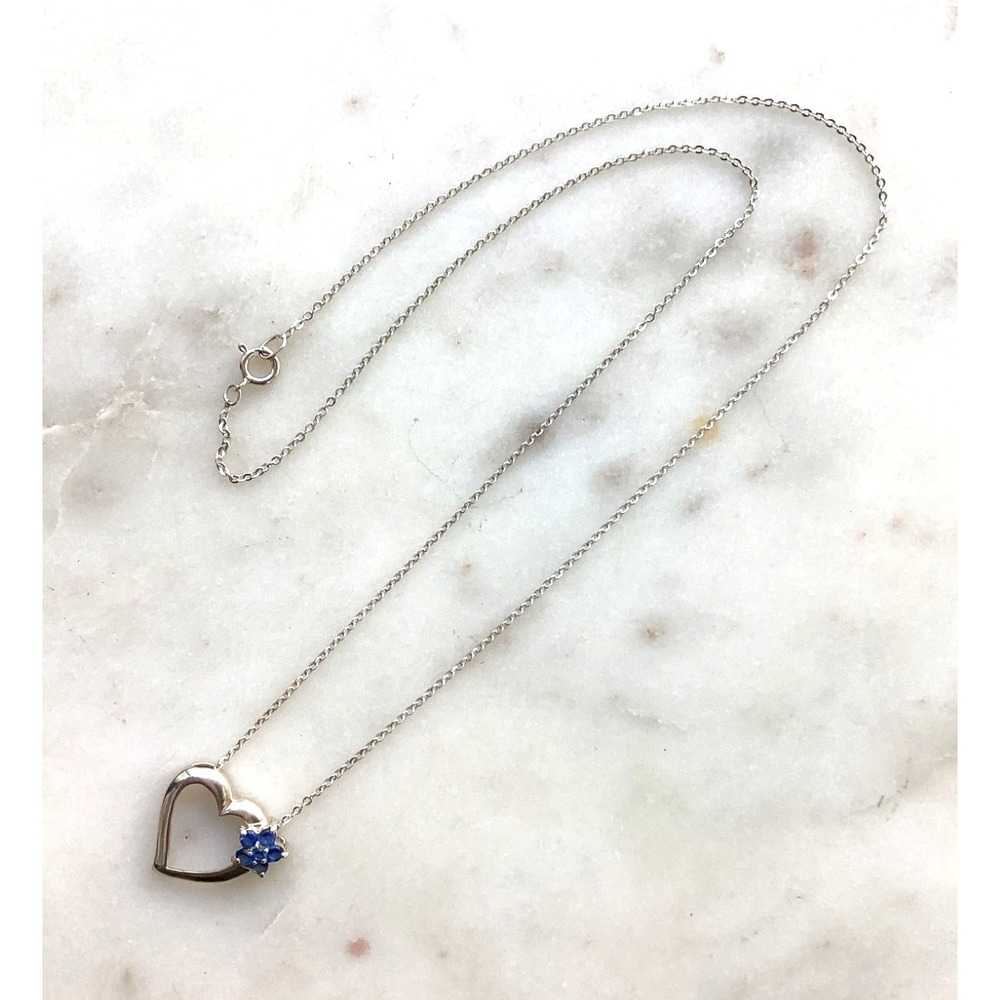 Vintage Sterling Silver Heart Pendant with Blue Stone Flower Necklace 18"